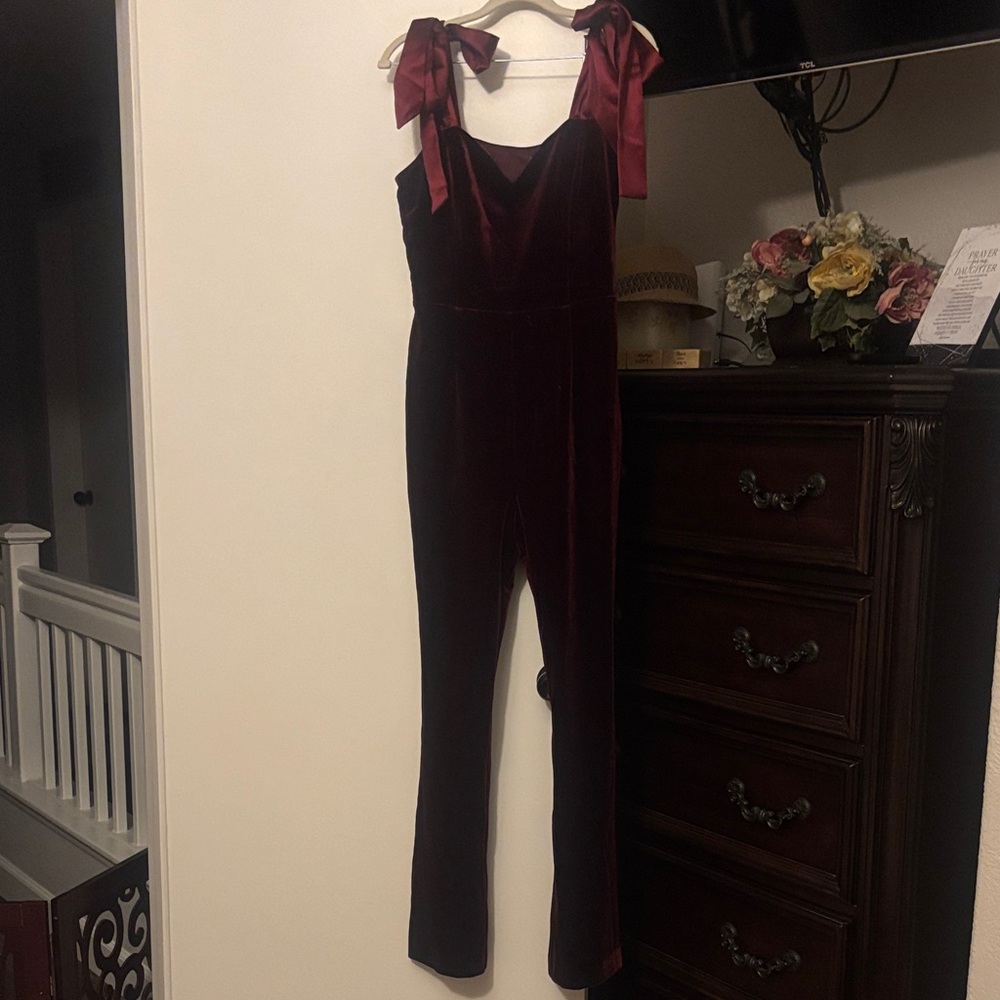 Vici Velvet Jumpsuit with Bow Straps